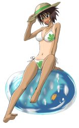 Rule 34 | 1girl, :d, azumanga daiou, bad id, bad pixiv id, ball, barefoot, beachball, bikini, blush, breasts, cleavage, exercise ball, feet, full body, hand on headwear, hat, kagura, kagura (azumanga daioh), large breasts, looking at viewer, mihama chiyo&#039;s father, navel, one-piece tan, open mouth, short hair, side-tie bikini bottom, simple background, sitting, smile, soles, solo, straw hat, suzurino, swimsuit, tan, tanline, white background