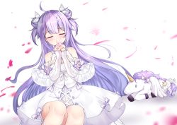 Rule 34 | 1girl, ahoge, azur lane, bare shoulders, blush, bow, closed eyes, closed mouth, detached sleeves, double bun, dress, facing viewer, feet out of frame, flower, hair bun, hair ribbon, hands up, kana (kuaua), layered sleeves, long sleeves, own hands clasped, own hands together, petals, purple bow, purple hair, ribbon, short over long sleeves, short sleeves, simple background, sitting, sleeveless, sleeveless dress, sleeves past wrists, smile, solo, stuffed animal, stuffed toy, stuffed winged unicorn, two side up, unicorn (angelic night) (azur lane), unicorn (azur lane), white background, white dress, white flower, white ribbon, white sleeves, wide sleeves