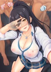 Rule 34 | 1girl, bar censor, black hair, blush, breasts, censored, cleavage, collarbone, commentary request, condom, covered erect nipples, covering face, dog tags, dress shirt, green skirt, hair between eyes, highres, idolmaster, idolmaster shiny colors, large breasts, long hair, looking at viewer, male masturbation, masturbation, multiple boys, necktie, parted lips, peeking through fingers, penis, plaid, plaid skirt, pleated skirt, ponytail, reaching, reaching towards viewer, school uniform, see-through, selfie, shirase sakuya, shirt, shukurimu, skirt, sleeves rolled up, smile, solo focus, thighs, wet, wet clothes, x-ray, yellow eyes