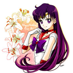 Rule 34 | 1girl, bishoujo senshi sailor moon, bow, character name, choker, circlet, closed mouth, earrings, flower, gloves, happy birthday, hino rei, jewelry, lily (flower), long hair, looking at viewer, magical girl, purple bow, purple eyes, purple hair, red choker, red sailor collar, sailor collar, sailor mars, sarashina kau, signature, smile, solo, star (symbol), star earrings, upper body, white gloves