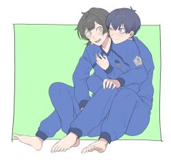 Rule 34 | 2boys, bachira meguru, bad id, bad twitter id, barefoot, black hair, blue eyes, blue lock, blue pants, blue shirt, blue tkse, border, closed mouth, commentary request, feet, full body, green background, highres, hug, hug from behind, isagi yoichi, long sleeves, looking at another, male focus, multiple boys, open mouth, outside border, pants, shirt, short hair, simple background, sitting, white border, yaoi, yellow eyes