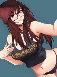 Rule 34 | 1girl, armpits, artist name, belly, black eyes, breasts, cleavage, clothes writing, glasses, highres, kuronami616, large breasts, lips, looking at viewer, medium breasts, navel, original, red hair, selfie, simple background, smile, solo, underwear