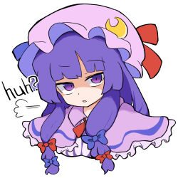 Rule 34 | 1girl, blue bow, blunt bangs, bow, capelet, commentary request, crescent, crescent hat ornament, cropped torso, hair bow, hari oekaki, hat, hat ornament, hat ribbon, highres, looking at viewer, mob cap, parted lips, patchouli knowledge, puff of air, purple eyes, purple hair, red bow, red ribbon, ribbon, shaded face, simple background, solo, touhou, white background