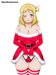 Rule 34 | 1girl, ;p, absurdres, belt, blonde hair, blush, box wonderland, braid, breasts, christmas, cleavage, clothes lift, crown braid, dress, dress lift, elbow gloves, flashing, gloves, hair rings, highres, large breasts, lifting own clothes, looking at viewer, love live!, love live! sunshine!!, medium hair, no bra, off-shoulder dress, off shoulder, ohara mari, one eye closed, panties, red dress, red gloves, red panties, santa costume, santa dress, simple background, smile, solo, standing, strapless, strapless dress, striped clothes, striped thighhighs, thighhighs, thighs, tongue, tongue out, twitter username, underwear, white background, wink, yellow eyes
