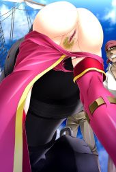 Rule 34 | 1girl, anus, arkham, ass, bandana, bent over, cannon, censored, clenched teeth, clothes pull, cloud, from below, game cg, highres, legs, no panties, onna kaizoku queen barbarigo, pants, pants pull, peril, pirate, pubic hair, pussy, ship, sky, smile, standing, sue-markii, teeth, thighs, watercraft