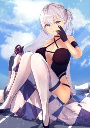 Rule 34 | 1girl, azur lane, black gloves, blue eyes, blue sky, breasts, cleavage, closed mouth, flag, gloves, hair ribbon, hane (feathe02), highres, long hair, looking at viewer, medium breasts, race queen, ribbon, shoes, shoukaku (azur lane), shoukaku (sororal wings) (azur lane), silver hair, sitting, sky, solo, thighhighs, white thighhighs