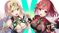 Rule 34 | 2girls, armor, bare shoulders, black gloves, blonde hair, breasts, chest jewel, cleavage, cleavage cutout, clothing cutout, dress, earrings, elbow gloves, fingerless gloves, gem, gloves, hair ornament, headpiece, highres, holding hands, jewelry, large breasts, long hair, moruno mgmg, multiple girls, mythra (xenoblade), nintendo, open mouth, pyra (xenoblade), red eyes, red hair, short hair, smile, solo, swept bangs, third-party edit, tiara, very long hair, white dress, white gloves, xenoblade chronicles (series), xenoblade chronicles 2, yellow eyes