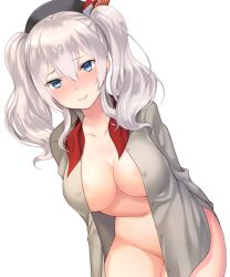 Rule 34 | 10s, 1girl, areola slip, arms behind back, bad id, bad pixiv id, beret, black hat, blue eyes, blush, bottomless, breasts, closed mouth, collarbone, collared shirt, cowboy shot, dress shirt, eko, eyebrows, grey shirt, hair between eyes, hat, kantai collection, kashima (kancolle), large breasts, leaning forward, leaning to the side, long hair, long sleeves, looking at viewer, no bra, open clothes, open shirt, pink lips, shirt, silver hair, simple background, solo, striped, twintails, untied, wavy hair, white background