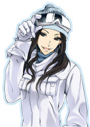 Rule 34 | 1girl, beanie, blue shirt, breast pocket, brown eyes, brown hair, coat, earrings, gloves, goggles, goggles on headwear, hand on goggles, hat, head tilt, hoop earrings, jewelry, lips, long hair, looking at viewer, open mouth, original, outline, poaro, pocket, shirt, simple background, ski gear, smile, solo, turtleneck, upper body, white background, white gloves