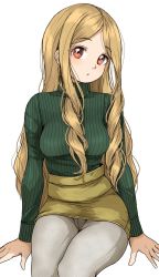 Rule 34 | arm support, blonde hair, breasts, chestnut mouth, commentary, gatsby ssl, green sweater, grey pantyhose, highres, idolmaster, idolmaster cinderella girls, invisible chair, long hair, long sleeves, looking at viewer, medium breasts, mochizuki hijiri, panties, pantyhose, pantyshot, pencil skirt, red eyes, sitting, skirt, solo, sweater, thighs, turtleneck, turtleneck sweater, underwear, white background, yellow skirt