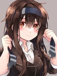 Rule 34 | 1girl, amot 211, black hair, black jacket, blue headband, blush, closed mouth, collared shirt, grey background, hair between eyes, hatsushimo (kancolle), hatsushimo kai ni (kancolle), headband, highres, jacket, kantai collection, long hair, looking at viewer, one-hour drawing challenge, red eyes, shirt, simple background, solo, upper body, white shirt