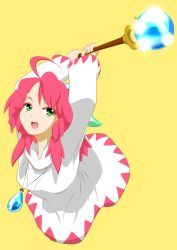 Rule 34 | 1girl, arms up, female focus, final fantasy, green eyes, highres, hood, jewelry, long hair, open mouth, pendant, pink hair, plugman (artist), robe, shirma, simple background, solo, staff, white mage (final fantasy)