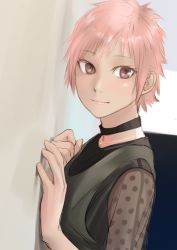 Rule 34 | 1girl, against wall, black choker, black shirt, brown eyes, choker, closed mouth, from side, grey vest, hands up, highres, kilye kairi, looking at viewer, looking to the side, original, pink hair, shirt, short hair, smile, solo, vest