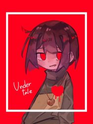 Rule 34 | 1other, ahoge, brown hair, chara (undertale), dande lion2604, green sweater, heart, heart necklace, jewelry, long sleeves, looking to the side, necklace, open mouth, red background, red eyes, short hair, simple background, smile, solo, sweater, undertale, upper body