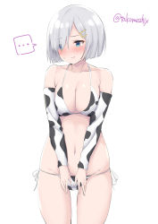 Rule 34 | ..., 1girl, alternate costume, animal print, bikini, blue eyes, breasts, bridal gauntlets, cleavage, commentary request, covering privates, covering crotch, cow print, cowboy shot, hair ornament, hair over one eye, hairclip, hamakaze (kancolle), highres, kantai collection, large breasts, looking to the side, one-hour drawing challenge, short hair, side-tie bikini bottom, silver hair, simple background, solo, spoken ellipsis, standing, swimsuit, takomeshi, twitter username, white background, white bikini