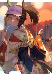 Rule 34 | 1girl, absurdres, animal ears, blush, brown hair, closed mouth, ear covers, floral print, from behind, green eyes, hair through headwear, hands up, highres, horse ears, horse girl, horse tail, index finger raised, ines fujin (umamusume), isana615, japanese clothes, kimono, long hair, looking at viewer, looking back, nape, nose, obi, outdoors, sash, single ear cover, smile, solo, summer festival, tail, umamusume, visor cap, wide sleeves