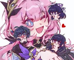 Rule 34 | 2girls, :d, ?, ahoge, bilizinger, black shrug, blue eyes, blush, bow, chibi, chibi inset, chinese commentary, commentary request, elysia (honkai impact), elysia (miss pink elf) (honkai impact), flower, hair bow, hair ornament, hand blush, hand up, heart, holding, holding flower, honkai (series), honkai impact 3rd, long hair, looking at viewer, multiple girls, multiple views, o o, one eye closed, open mouth, pink hair, pink pupils, portrait, purple bow, purple eyes, purple hair, raiden mei, raiden mei (apho), raiden mei (striker fulminata), simple background, smile, sparkling eyes, square mouth, white background