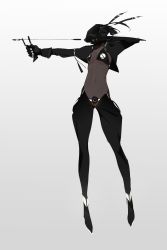 Rule 34 | 1girl, android, arrow (projectile), black skin, breasts, catlesstail, colored skin, full body, gradient background, highres, holding, holding weapon, medium breasts, navel, no humans, original, pasties, science fiction, simple background, slingshot (weapon), solo, standing, weapon