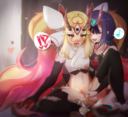 Rule 34 | !?, 2girls, absurdres, bare shoulders, black legwear, blonde hair, blush, bow, breasts, chinese clothes, collarbone, detached sleeves, dudou, earrings, eyeliner, facial mark, fang, fang out, fate/grand order, fate (series), fingering, fingernails, flower, forehead mark, fundoshi, gradient hair, hair bow, headpiece, heart, highres, horns, ibaraki douji (fate), ibaraki douji (fate/grand order), ibaraki douji (swimsuit lancer) (fate), ibaraki douji (swimsuit lancer) (third ascension) (fate), japanese clothes, jewelry, long hair, looking at viewer, low twintails, mach iota, makeup, multicolored hair, multiple girls, musical note, navel, one-piece swimsuit, one eye closed, oni, open mouth, pointy ears, purple eyes, purple hair, pussy, pussy juice, rope, sharp fingernails, shawl, short eyebrows, short hair, short twintails, shuten douji (fate), shuten douji (fate/grand order), shuten douji (halloween caster) (fate), sidelocks, skin-covered horns, small breasts, smile, spoken musical note, spread legs, swimsuit, tattoo, thighs, twintails, very long hair, white one-piece swimsuit, yellow eyes, yuri