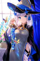 Rule 34 | 1girl, blue eyes, blurry, blush, breasts, bug, butterfly, closed mouth, cowboy shot, curtains, day, depth of field, flower, fuzichoco, hair flower, hair ornament, hat, highres, indoors, insect, large breasts, looking at viewer, mole, mole under eye, original, short hair, sidelocks, solo, tsurime, vase, white hair, window, witch, witch hat