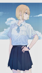Rule 34 | 1girl, absurdres, blonde hair, blue eyes, blue ribbon, blue sky, breast pocket, buttons, cloud, collared shirt, earrings, hand on own hip, highres, jewelry, looking to the side, medium hair, open mouth, original, outdoors, pleated skirt, pocket, ribbon, school uniform, shichi (ratorin53), shirt, shirt tucked in, short sleeves, skirt, sky, solo, stud earrings, watch, wristwatch