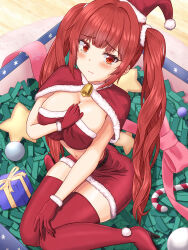 Rule 34 | 1girl, are you 333, azur lane, bell, belt, blush, boots, breasts, candy, candy cane, capelet, christmas, cleavage, clothes lift, commentary request, crop top, embarrassed, food, from above, frown, full body, fur-trimmed capelet, fur-trimmed skirt, fur trim, gift, gloves, hand on own chest, hand up, high heel boots, high heels, highres, hip focus, honolulu (azur lane), indoors, knees together feet apart, large breasts, legs, lifted by self, long hair, looking at viewer, looking up, midriff, miniskirt, navel, neck bell, nervous, red capelet, red eyes, red gloves, red hair, red skirt, santa costume, sitting, skirt, solo, thigh boots, thighs, tube top lift, twintails, very long hair, wavy mouth