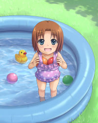 Rule 34 | 1girl, ball, beidan, bird, blue eyes, blush, brown hair, child, duck, breast padding, grass, in water, looking at viewer, one-piece swimsuit, open mouth, partially submerged, polka dot, polka dot swimsuit, pool, rubber duck, short hair, smile, solo, swimsuit, wading pool, water
