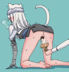 Rule 34 | 1girl, all fours, blush, censored, disembodied hand, dobrynya nikitich (fate), fate (series), no panties, peeing, peeing in cup, pussy, rune (dualhart), tail, white hair