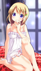 Rule 34 | 1girl, ahoge, alternate costume, arm at side, arm support, bad id, bad pixiv id, barefoot, breasts, closed mouth, clothes lift, curtains, dress, dress lift, eyebrows, frills, gochuumon wa usagi desu ka?, hair ornament, hairclip, hand to own mouth, highres, hoto cocoa, indoors, kohakugin, light particles, long hair, looking at viewer, panties, pantyshot, pink panties, plaid, purple eyes, sitting, sleeveless, sleeveless dress, smile, solo, underwear, white dress, window