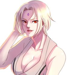 Rule 34 | 1girl, alternate hairstyle, bad id, bad pixiv id, blonde hair, breasts, cleavage, collarbone, hand in own hair, large breasts, lips, lipstick, looking at viewer, makeup, may c (lovemeiko), naruto, naruto (series), open mouth, red eyes, short hair, simple background, smile, solo, tsunade (naruto), white background