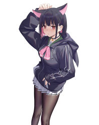 Rule 34 | 1girl, animal ears, arm up, black hair, black jacket, blue archive, blush, brown pantyhose, closed mouth, colored inner hair, drawstring, feet out of frame, highres, hood, hood down, hooded jacket, jacket, kazusa (blue archive), long sleeves, looking at viewer, miniskirt, multicolored hair, pantyhose, photoshop (medium), pink hair, pleated skirt, red hair, short hair, simple background, skirt, solo, standing, two-tone hair, white background, white skirt, yizhirenben