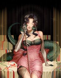 1girl ;) anjo_nala bare_shoulders black_background black_hair breasts choker cleavage cowboy_shot curled_horns dress elbow_gloves gloves green_tail grey_choker grey_gloves grey_horns hair_ornament hand_up highres holding holding_microphone_stand horns large_breasts lizard_tail long_dress long_hair looking_at_viewer low_horns microphone microphone_stand one_eye_closed pelvic_curtain pink_dress purple_eyes reverse:1999 riba_(chelinya) sitting sleeveless sleeveless_dress smile solo tail vintage_microphone