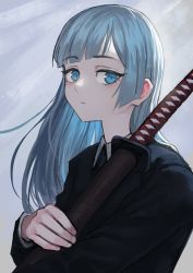 Rule 34 | 1girl, absurdres, bad id, bad pixiv id, black jacket, black necktie, blue eyes, blue hair, blunt bangs, closed mouth, collared shirt, commentary, english commentary, formal, grey background, highres, holding, holding sword, holding weapon, huge filesize, jacket, jujutsu kaisen, katana, long hair, looking at viewer, miwa kasumi, necktie, sad, scabbard, sheath, shirt, solo, suit, sword, upper body, vertigris, weapon, white shirt
