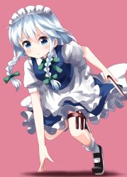 Rule 34 | 1girl, apron, black footwear, blue dress, blue eyes, blush, bow, braid, breasts, commentary request, dress, frilled apron, frills, full body, green bow, green ribbon, hair between eyes, hair bow, highres, holding, holding knife, holding weapon, holster, izayoi sakuya, knife, left-handed, looking at viewer, maid, maid apron, maid headdress, mary janes, neck ribbon, petticoat, pink background, puffy short sleeves, puffy sleeves, ribbon, ruu (tksymkw), shadow, shirt, shoes, short hair, short sleeves, silver hair, simple background, small breasts, socks, solo, thigh holster, touhou, twin braids, v-shaped eyebrows, waist apron, weapon, white apron, white shirt, white socks
