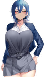 Rule 34 | 1girl, absurdres, belt, blue hair, blue jacket, blush, breasts, closed mouth, collared shirt, commentary request, cowboy shot, crossed bangs, dress, ear piercing, grey belt, hair between eyes, highres, jacket, large breasts, long sleeves, looking at viewer, love live!, love live! superstar!!, namazu (yamasonson), open clothes, open jacket, piercing, pinafore dress, shirt, simple background, sleeveless dress, thighs, tsurime, wakana shiki, white background, yellow eyes