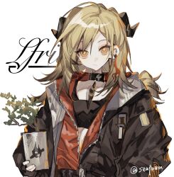 Rule 34 | 1girl, :/, arknights, artist name, black choker, black jacket, black shirt, blonde hair, character name, chinese commentary, choker, closed mouth, commentary request, crop top, demon girl, demon horns, feather choker, flower pot, highres, holding, holding flower pot, horns, ifrit (arknights), jacket, layered clothes, long hair, looking at viewer, official alternate costume, orange eyes, plant, potted plant, red jacket, sea foam, shirt, solo, upper body, white background, zipper, zipper pull tab