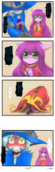 Rule 34 | 1boy, 1girl, 4koma, absurdres, animal ears, blush, chinese text, clenched teeth, colored skin, comic, crying, fairy, fairy wings, fangs, gradient background, green eyes, hat, hidden eyes, highres, league of legends, long hair, lulu (league of legends), pix (league of legends), purple hair, purple skin, saliva, saliva trail, scar, staff, surprised, sweatdrop, tears, teeth, text focus, translation request, veigar, white hair, wings, yan531, yordle