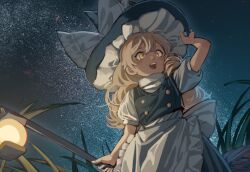 Rule 34 | 1girl, apron, black skirt, black vest, blonde hair, broom, from below, hat, highres, kirisame marisa, lantern, long hair, milky way, night, night sky, open mouth, puffy short sleeves, puffy sleeves, shirt, short sleeves, skirt, sky, solo, star (sky), starry sky, touhou, touhou lost branch of legend, tuck (tuck23978434), vest, white apron, white shirt, witch hat