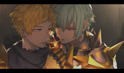 Rule 34 | 2boys, arai 12, armor, blonde hair, chainmail, cigarette, cigarette kiss, commentary request, fire, fire, gauntlets, green hair, grey eyes, hair between eyes, letterboxed, lighting cigarette, looking at another, male focus, multiple boys, open mouth, pauldrons, purple eyes, ragnarok online, rune knight (ragnarok online), short hair, shoulder armor, smoking, spiked pauldrons, upper body, yaoi