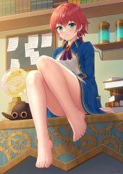 Rule 34 | 1girl, absurdres, barefoot, blush, book, bookshelf, braid, brooch, commission, earrings, feet, goggles, green eyes, hat, highres, jacket, jewelry, legs, long hair, pixiv commission, red hair, satomi (745684552), sitting, skirt, smile, solo, toes, twin braids