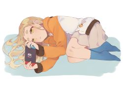Rule 34 | 1girl, absurdres, arata (user jjxc7843), beige skirt, curled up, gonzalez (machita chima), hair behind ear, handheld game console, highres, holding, holding handheld game console, hood, hoodie, long hair, lying, machita chima, machita chima (3rd costume), nijisanji, nintendo switch, on side, orange hoodie, parted lips, short bangs, solo, virtual youtuber, yellow eyes