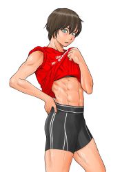Rule 34 | 1girl, abs, aqua eyes, bare arms, black sports bra, blush, brown hair, clothes lift, cowboy shot, from side, hair between eyes, hand on own hip, highres, messy hair, mizuguchi naoki, muscular, muscular female, navel, parted lips, red shirt, saotome senshu hita kakusu, saotome yae, shirt, shirt lift, short hair, simple background, sleeves rolled up, solo, sports bra, standing, sweat, t-shirt, tomboy, very short hair, white background