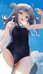 Rule 34 | 1girl, black one-piece swimsuit, blue eyes, blue sky, blunt bangs, breasts, casual one-piece swimsuit, cloud, cowboy shot, fins, fish tail, from above, from below, gawr gura, highres, hololive, hololive english, looking at viewer, medium hair, multicolored hair, one-piece swimsuit, seicoh, shark tail, sharp teeth, silver hair, sky, small breasts, solo, streaked hair, swimsuit, tail, teeth, two side up, virtual youtuber