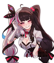 Rule 34 | absurdres, black ribbon, blunt bangs, blush, bow, bowtie, breasts, brown hair, cleavage, cleavage cutout, clothing cutout, commentary request, cropped arms, cropped torso, dress, elbow gloves, gloves, hair bobbles, hair bow, hair ornament, hair ribbon, hand up, heart, heart-shaped pupils, highres, korean commentary, lips, long hair, medium breasts, multicolored hair, nijisanji, pink eyes, pink hair, puffy short sleeves, puffy sleeves, red bow, red bowtie, ribbon, short sleeves, simple background, smile, stoll (tmxhf), streaked hair, striped bow, striped ribbon, symbol-shaped pupils, twintails, upper body, vertical stripes, very long hair, virtual youtuber, white background, white dress, white gloves, white hair, yorumi rena, yorumi rena (1st costume)