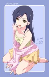 Rule 34 | 1girl, :d, arm support, bare shoulders, blue hair, breasts, camisole, collarbone, dated, highres, jacket, jacket on shoulders, long hair, long sleeves, looking at viewer, nii manabu, open mouth, original, pink jacket, pleated skirt, seiza, signature, simple background, sitting, skirt, small breasts, smile, solo, spaghetti strap, yellow camisole, yellow eyes, yellow skirt