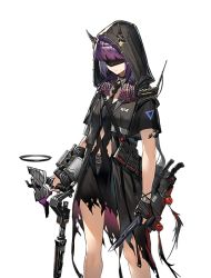 Rule 34 | 1girl, alternate hairstyle, arknights, chain necklace, combat knife, disguise, dreadlocks, fingerless gloves, gloves, hood, jewelry, knife, lava (arknights), lava the purgatory (arknights), mask, material growth, miniskirt, necklace, necktie, official alternate costume, official art, oripathy lesion (arknights), purple hair, short hair, skirt, solo, spoilers, staff, torn clothes, torn skirt, transparent background, weapon