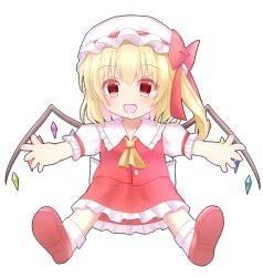 Rule 34 | 1girl, back bow, blonde hair, bow, brown footwear, chibi, collared shirt, fang, flandre scarlet, frilled shirt collar, frilled skirt, frilled sleeves, frills, full body, hair between eyes, happy, hat, hat bow, hat ribbon, large bow, looking at viewer, medium hair, mob cap, multicolored wings, one side up, open mouth, puffy short sleeves, puffy sleeves, red bow, red eyes, red ribbon, ribbon, ribbon-trimmed headwear, ribbon trim, shirt, shoe soles, short sleeves, simple background, skin fang, skirt, sleeve ribbon, socks, solo, touhou, white background, white bow, white shirt, white socks, wings, yukina kurosaki