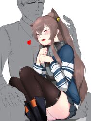 Rule 34 | 1boy, 1girl, absurdres, animal ears, blush, brown hair, cat ears, closed eyes, faceless, faceless male, girls&#039; frontline, hair between eyes, heart, highres, long hair, na-pe, official alternate costume, open mouth, pleated skirt, scar, scar across eye, scarf, shoes, simple background, sitting, sitting between lap, skirt, smile, spoken heart, striped clothes, striped scarf, sweatdrop, thighhighs, ump45 (&quot;just this time.&quot;) (girls&#039; frontline), ump45 (girls&#039; frontline), white background
