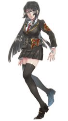 Rule 34 | 1girl, black hair, closed mouth, full body, grey eyes, hand tattoo, highres, leggings, long hair, long sleeves, protagonist 2 (housamo), necktie, red necktie, school uniform, shirt, simple background, skirt, smile, solo, standing, standing on one leg, tattoo, thighhighs, tokyo houkago summoners, white background, zaoanjisi