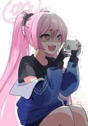 Rule 34 | + +, 1girl, absurdres, black shirt, blue archive, blue jacket, cellphone, clothes down, commentary, fang, fingerless gloves, gloves, gym shirt, gym uniform, halo, highres, holding, holding phone, jacket, koyuki (blue archive), long hair, looking up, nervous smile, open mouth, phone, pink eyes, pink hair, shade, shirt, skin fang, smartphone, smile, solo, sweat, nervous sweating, symbol-only commentary, track jacket, trembling, twintails, very long hair, yuki (asayuki101)